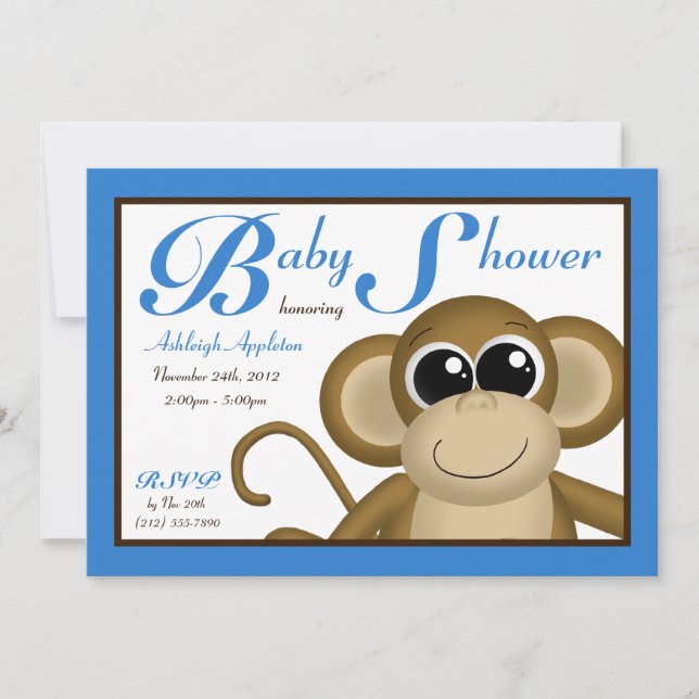 Invitaciones azules de Baby Shower del mono lindo (Anverso)