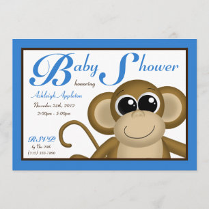 Invitaciones azules de Baby Shower del mono lindo