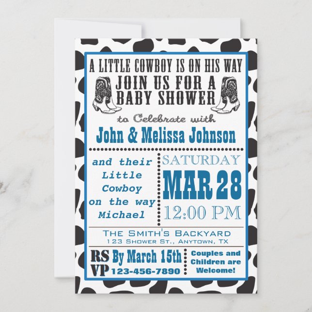 Invitaciones azules de Cowprint Baby Shower del (Anverso)