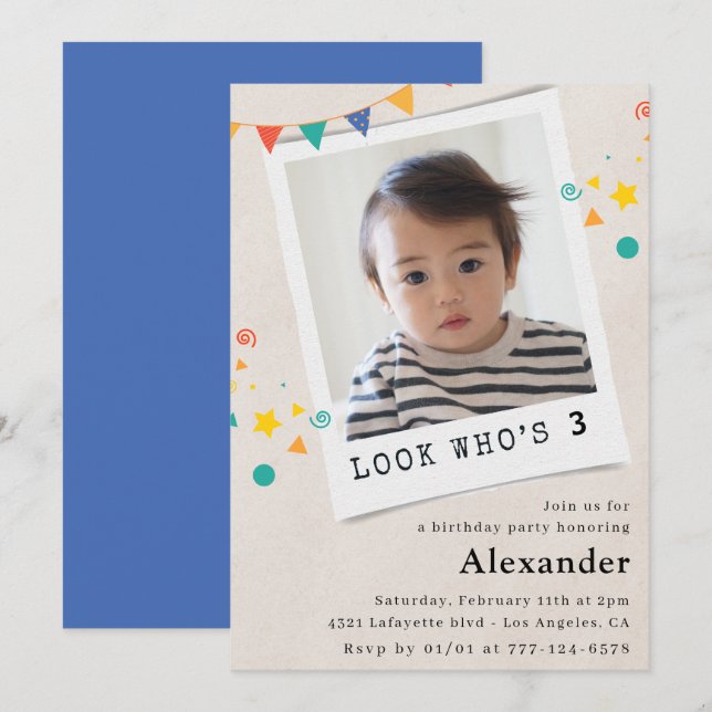 Invitaciones azules de cumpleaños 3 años con foto (Anverso / Reverso)