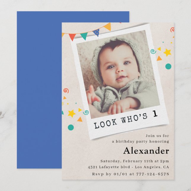 Invitaciones azules de cumpleaños número 1 con fot (Anverso / Reverso)