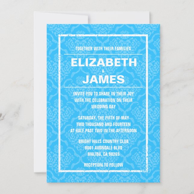 Invitaciones azules de la boda del damasco del (Anverso)