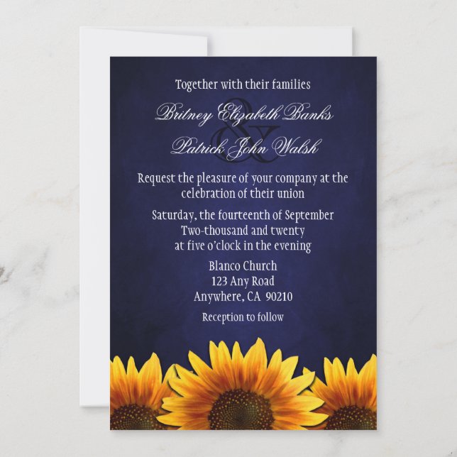 Invitaciones azules de la boda del girasol de la (Reverso)