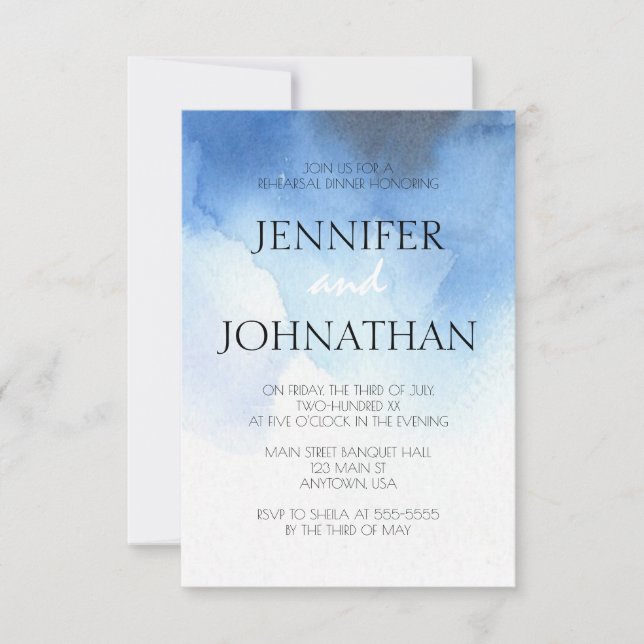 Invitaciones azules de la cena del ensayo de la (Anverso)