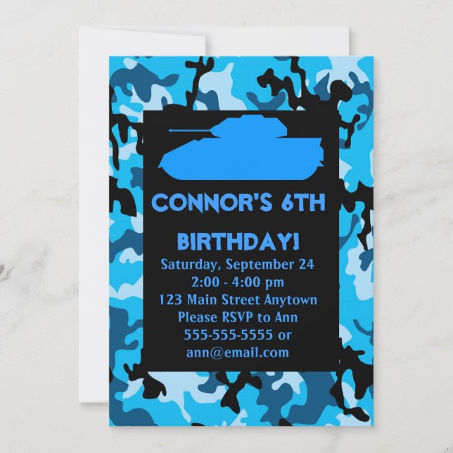 Invitaciones azules de la fiesta de cumpleaños del (Anverso)