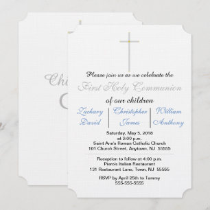 Invitaciones azules de tripletes para Primera Comu