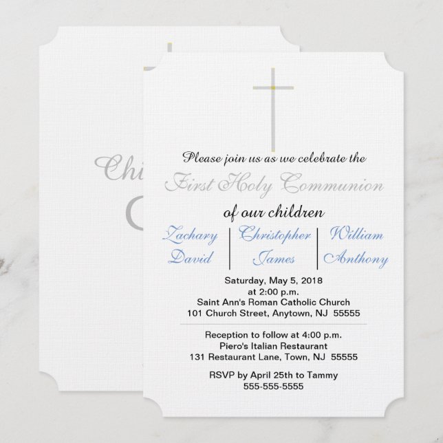 Invitaciones azules de tripletes para Primera Comu (Anverso / Reverso)
