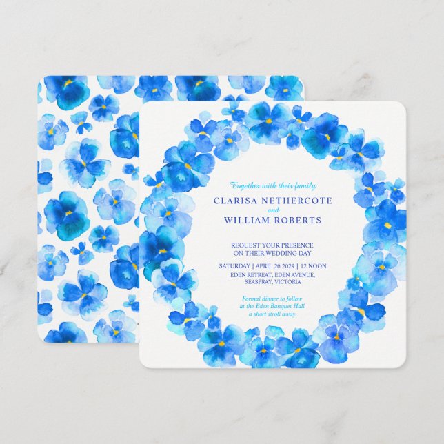 Invitaciones azules del boda de la flor de la (Anverso / Reverso)