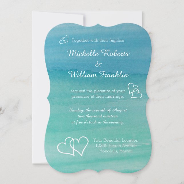 Invitaciones azules del boda de playa de la (Anverso)