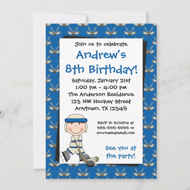 Invitaciones azules del cumpleaños del hockey (Anverso)