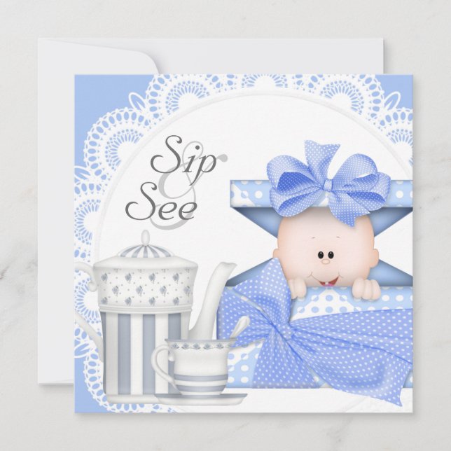 Invitaciones azules grises para bebé niño para sor (Anverso)