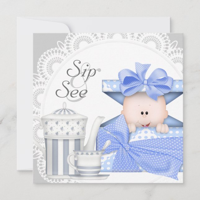 Invitaciones azules grises para bebé niño para sor (Anverso)