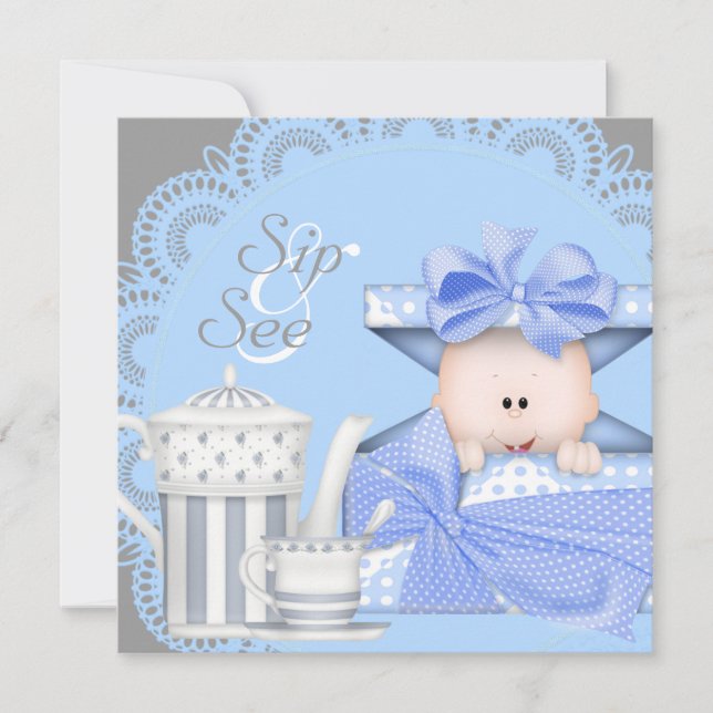 Invitaciones azules grises para bebé niño para sor (Anverso)