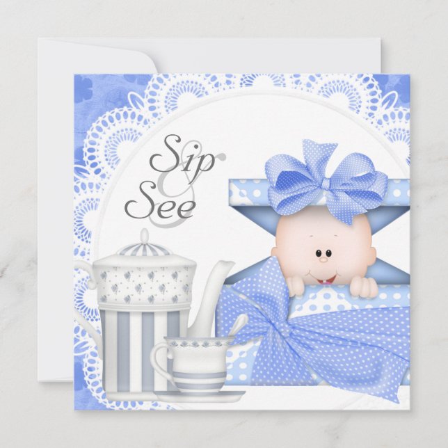 Invitaciones azules grises para bebé niño para sor (Anverso)