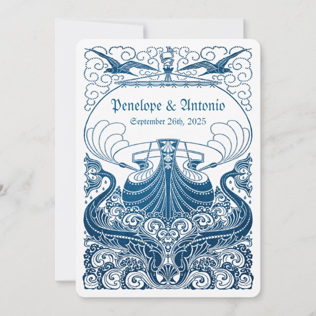 Invitaciones azules náuticas de la boda del (Anverso)
