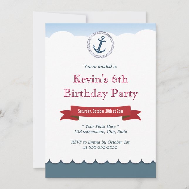 Invitaciones azules náuticas del cumpleaños del (Anverso)