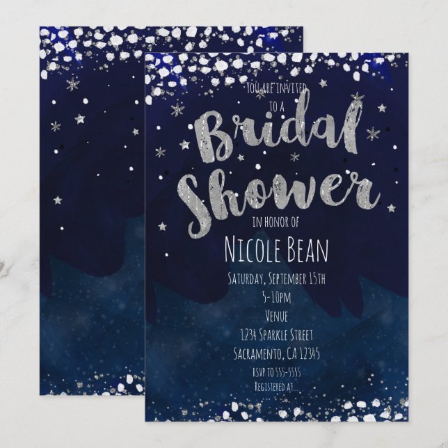 Invitaciones azules y plateadas estrelladas para d (Anverso / Reverso)