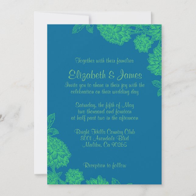 Invitaciones azules y verdes elegantes de la boda (Anverso)