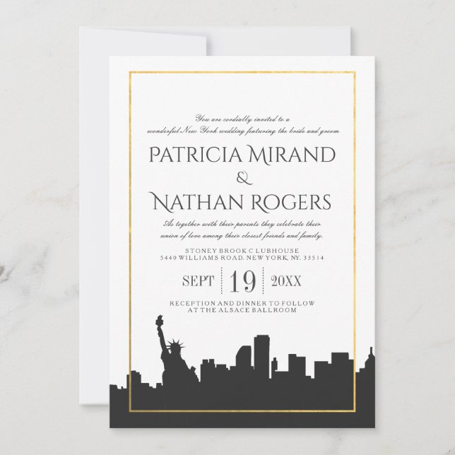 Invitaciones blancas clásicas de una boda de Nueva (Anverso)