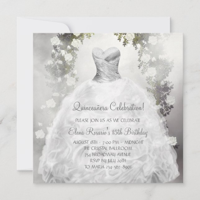 Invitaciones Blancas Elegantes de Rosa para Quince (Anverso)