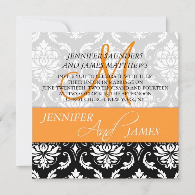 Invitaciones blancas negras anaranjadas de la boda (Anverso)