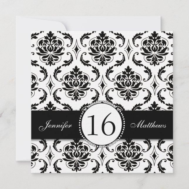 Invitaciones blancos y negros del dulce dieciséis (Anverso)