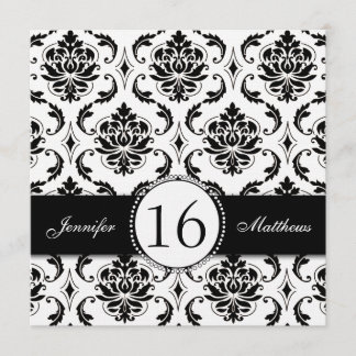 Invitaciones blancos y negros del dulce dieciséis