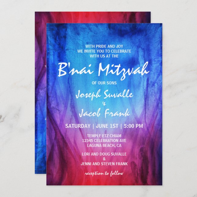 Invitaciones B'nai Mitzvah | Rojo Azul | Fuego Hie (Anverso / Reverso)