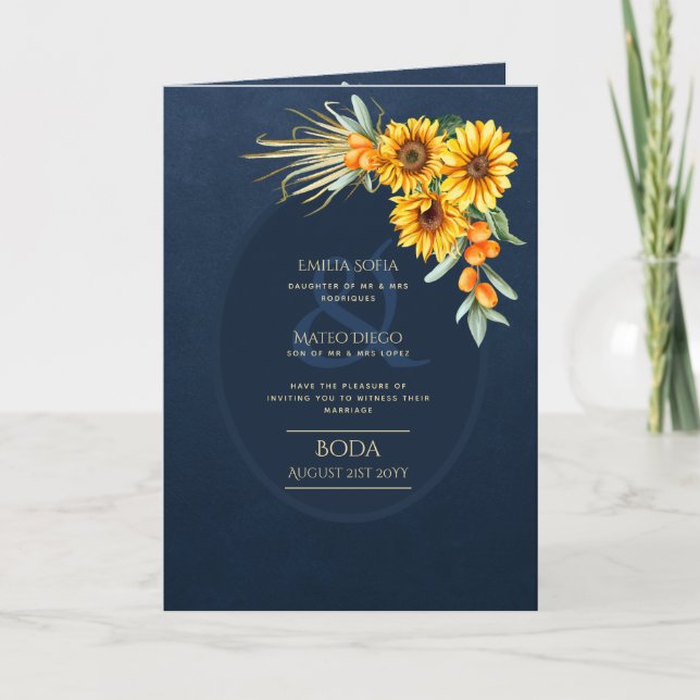 Invitaciones BODA en español de 4pg, Blue Sunflowe (Anverso)