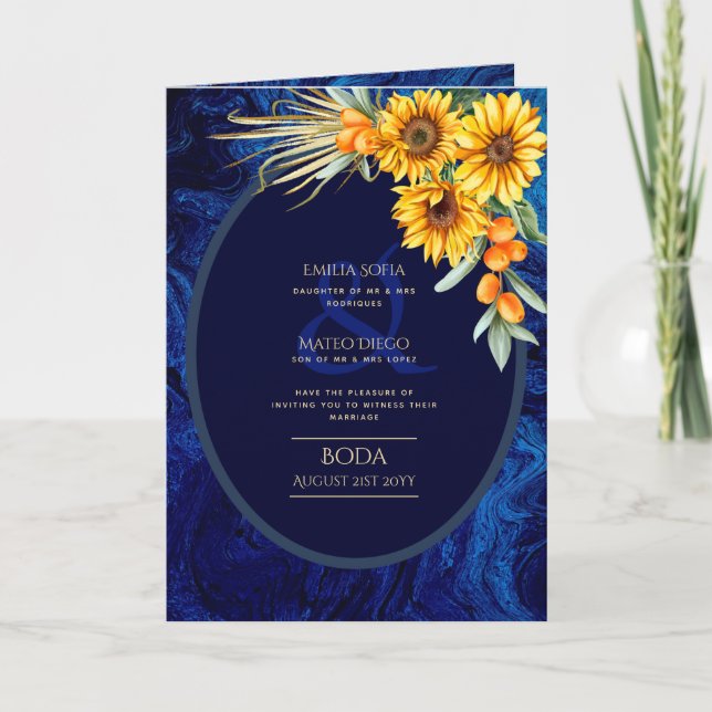 Invitaciones BODA en español de 4pg, Blue Sunflowe (Anverso)