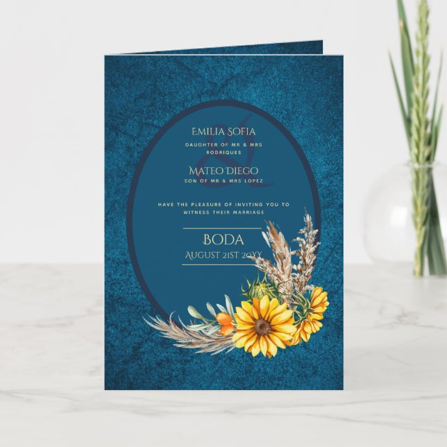 Invitaciones BODA en español de 4pg girasoles azul (Anverso)