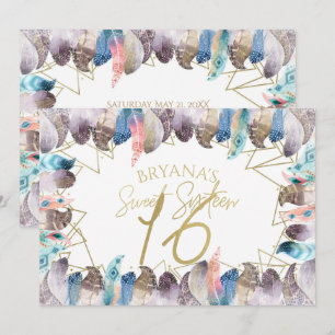 Invitaciones Boho Acuarela Plumas Doradas Sweet 16