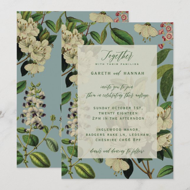 INVITACIONES BOTÁNICAS DE BODA - AZUL DE HUEVO DE  (Anverso / Reverso)