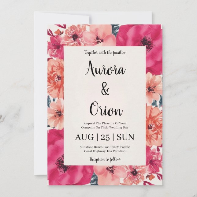 invitaciones botánicas de bodas florales de color  (Anverso)