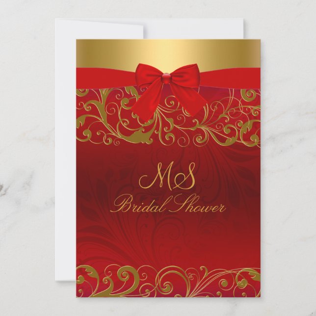 Invitaciones Bridal Shower Red Gold Swirl & Bow (Anverso)