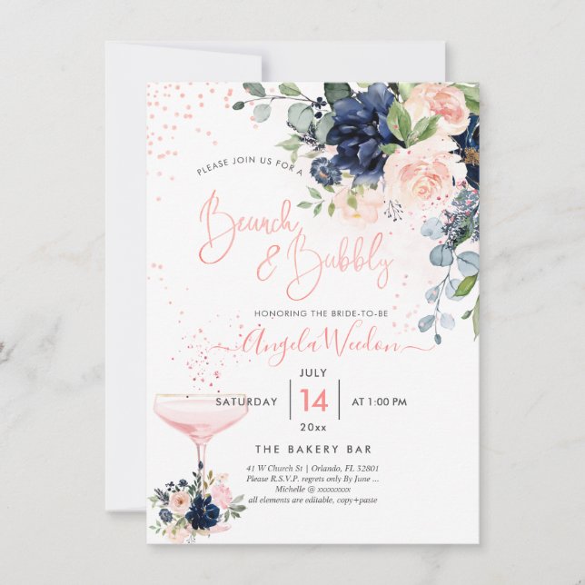 Invitaciones Brunch Bubbly Navy Blush H2 flores de (Anverso)