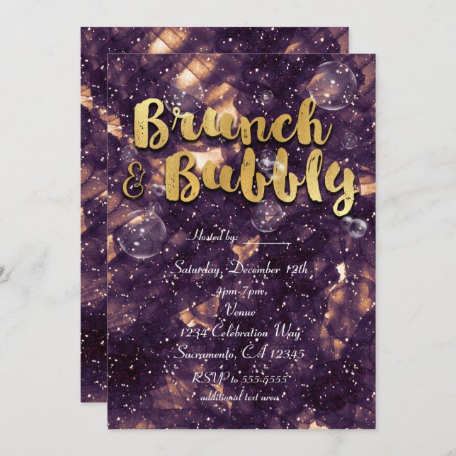 Invitaciones Brunch & Bubbly Purple Gold Glam Chic (Anverso / Reverso)