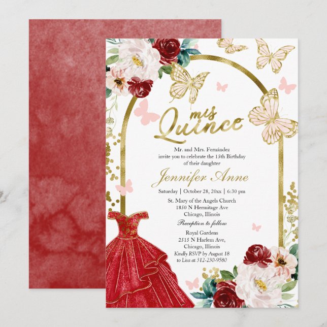 Invitaciones Butterfly Quince Floral Rojo Arco Dor (Anverso / Reverso)