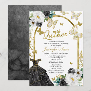 Invitaciones Butterfly Quince Floral Vestido Negro