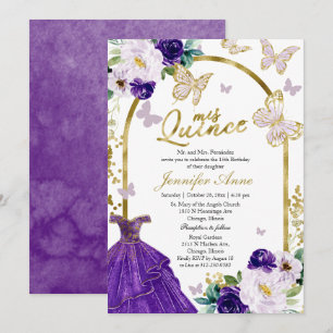 Invitaciones Butterfly Quince Vestido Floral Púrpu