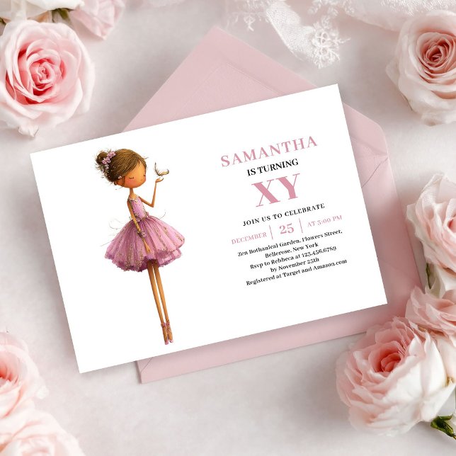 Invitaciones caprichosas de cumpleaños de niña had (Whimsical Fairy Girl Birthday Dusty Pink invitation)