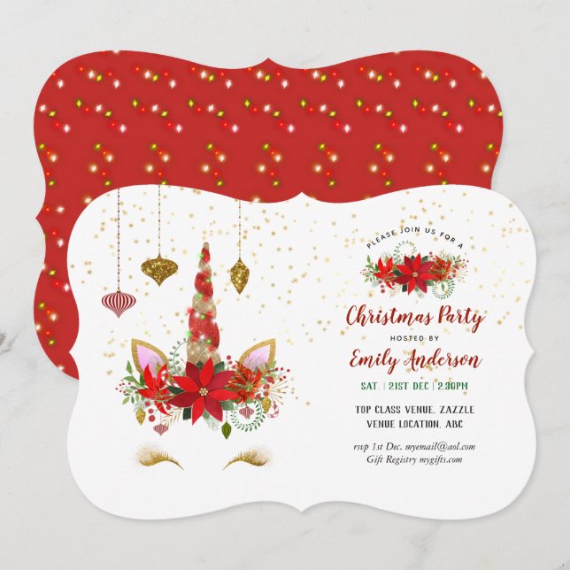 Invitaciones Cara de Unicornio de Navidad CUALQUIE (Anverso / Reverso)