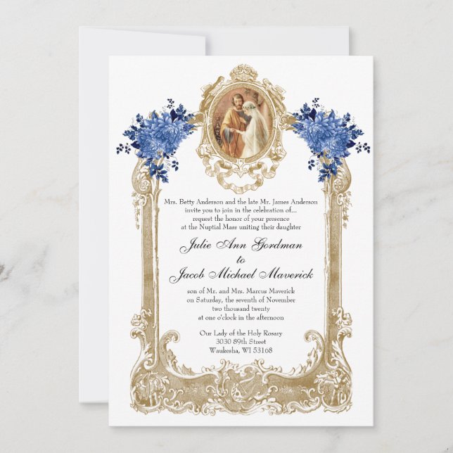 INVITACIONES CATÓLICAS DE BODA AZUL FLORAL (Anverso)