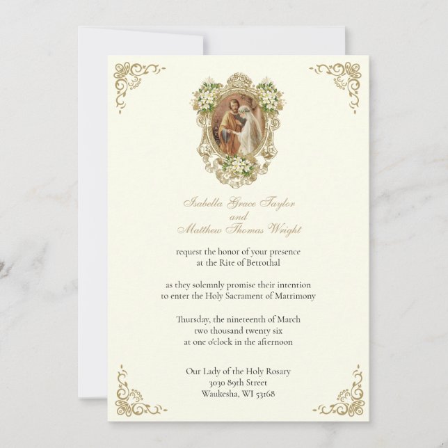 INVITACIONES CATÓLICAS DE ORO FLORAL PARA COMPROMI (Anverso)
