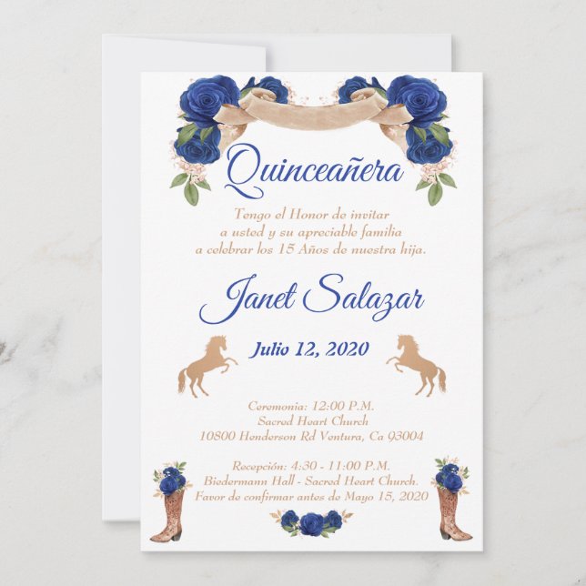 Invitaciones charro Quinceañera Charra azul (Anverso)