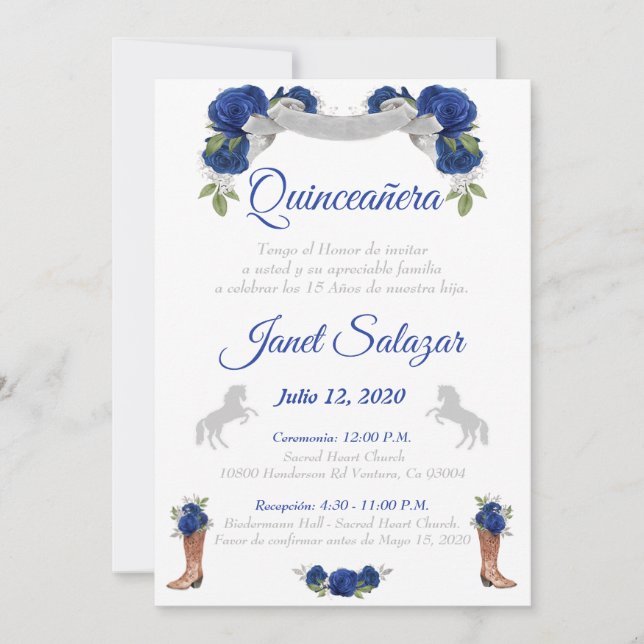 Invitaciones charro Quinceañera Plata Azul (Anverso)