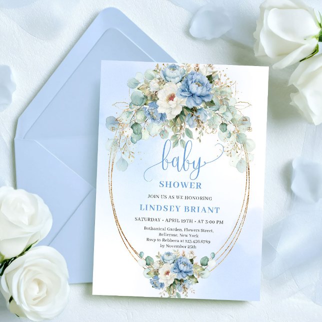 Invitaciones Chic Boho Pastel Flores Azules para B (Chic Boho Pastel Blue Flowers Baby Shower Invitation)