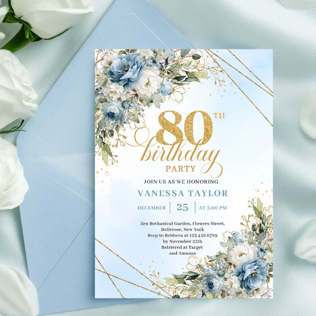 Invitaciones Chic Dusty Blue Floral Gold para 80 c (Chic Dusty Blue Floral Gold 80th Birthday Invitation XL

)