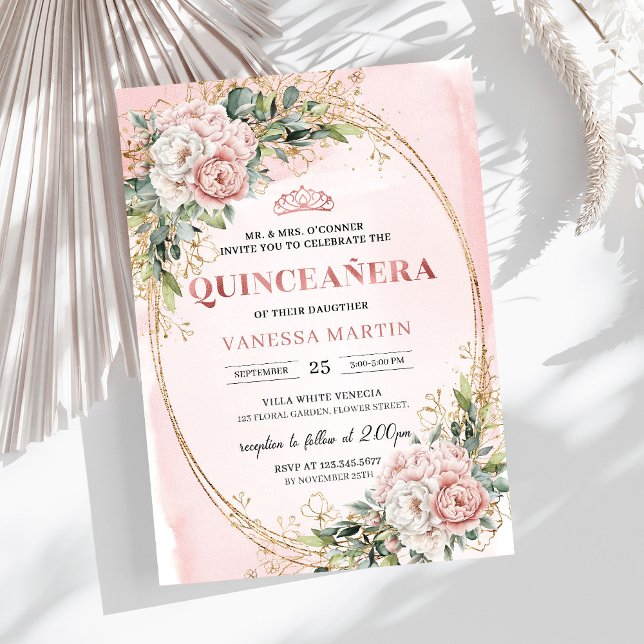 Invitaciones Chic Dusty Pink Floral Eucalyptus Qui (Chic Dusty Pink Floral Eucalyptus Quince Invitation)