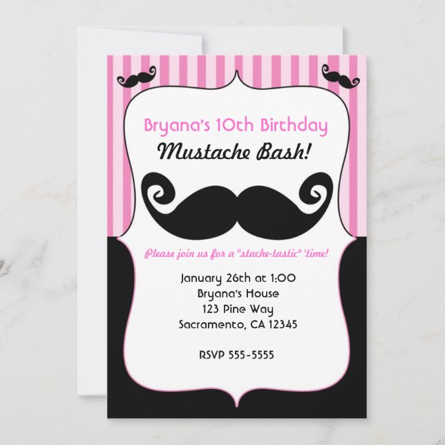 Invitaciones Chicas Bash Bigote Rosa Blanco Negro (Anverso)